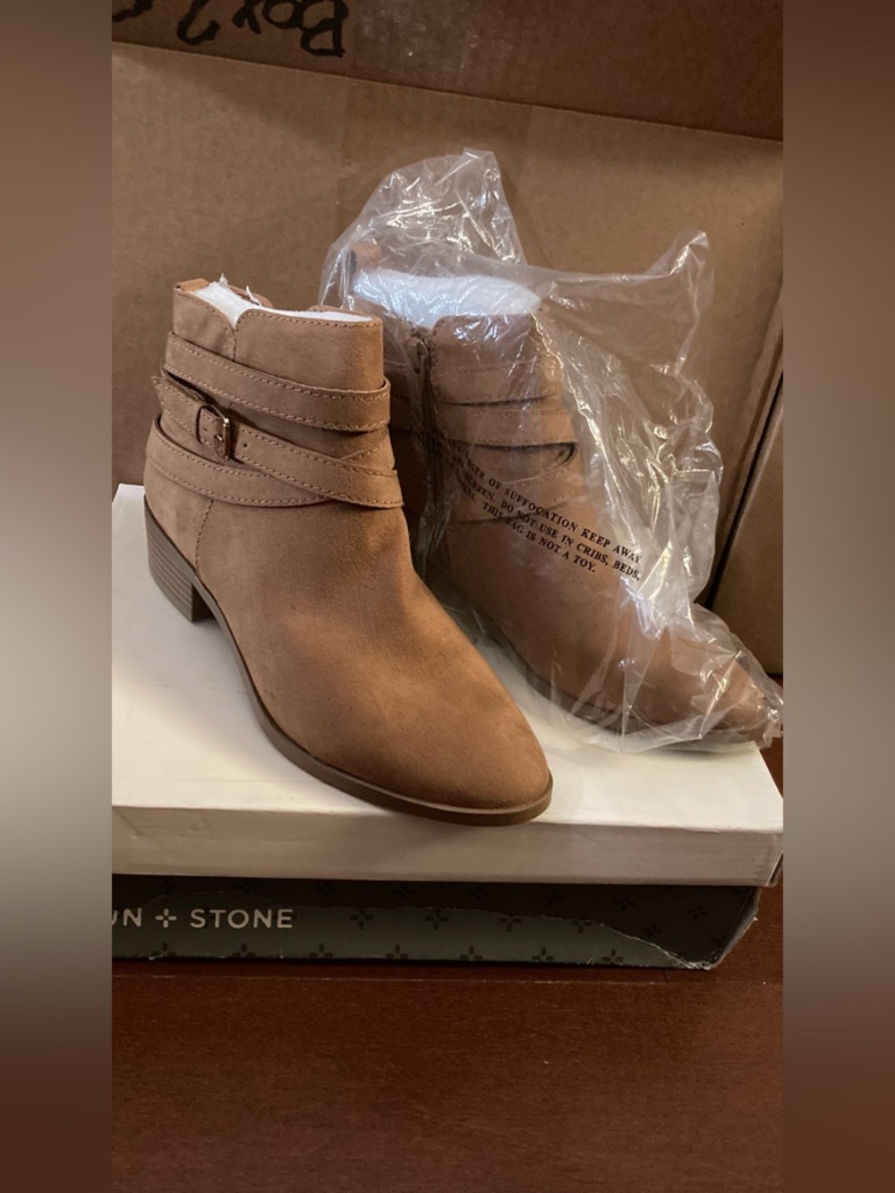 Women’s Light Brown Suede Ankle Booties with Double Strap Buckle